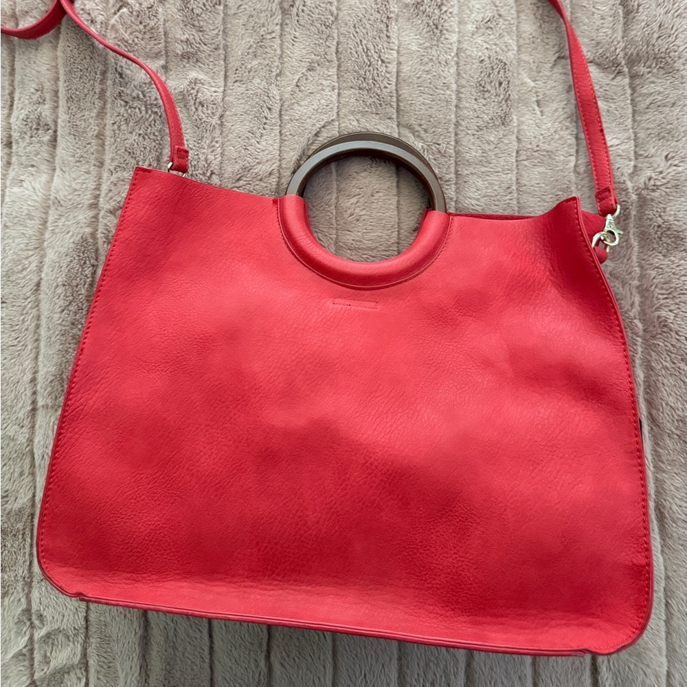 Red Leather Tote Bag with Wooden Ring Handles
